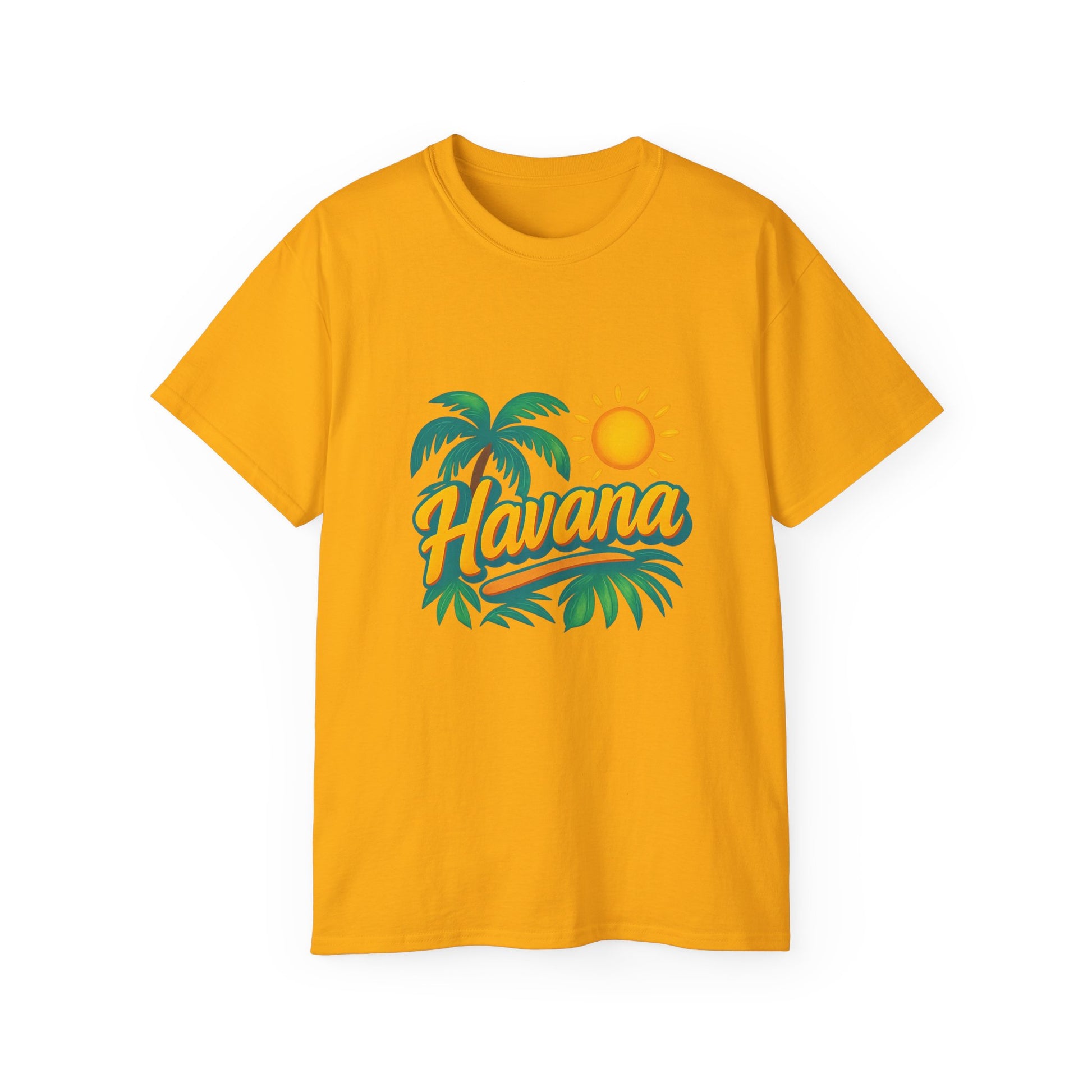 Group selfie wearing matching Havana Tropical Vibe Tees on sunset cruise.

