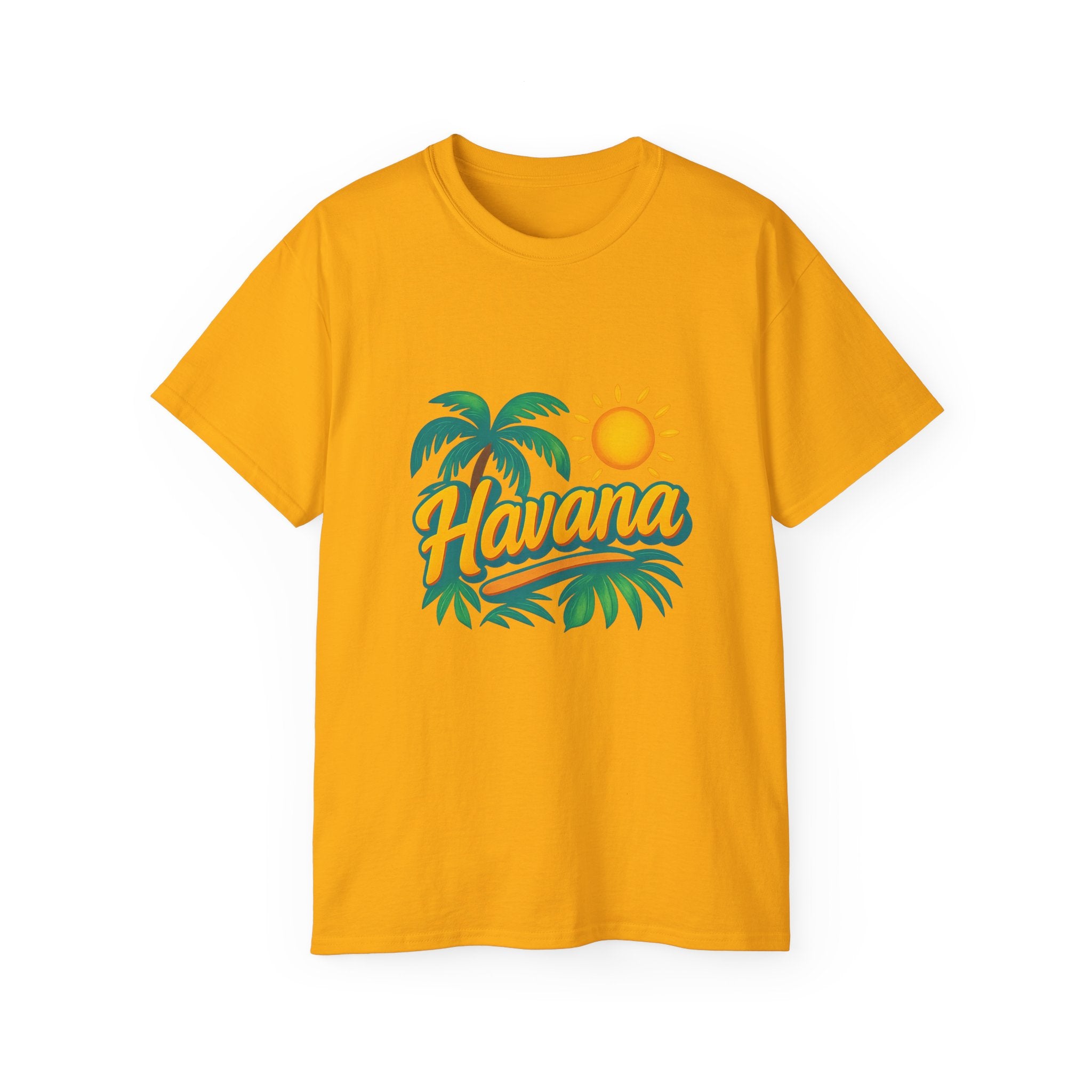 Group selfie wearing matching Havana Tropical Vibe Tees on sunset cruise.

