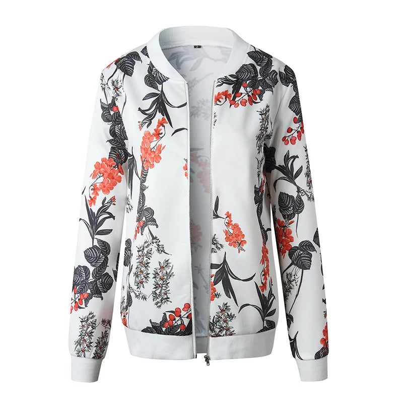 White botanical jacket front view on a white background, showing red blossoms, black leaves and white ribbed trim on display.