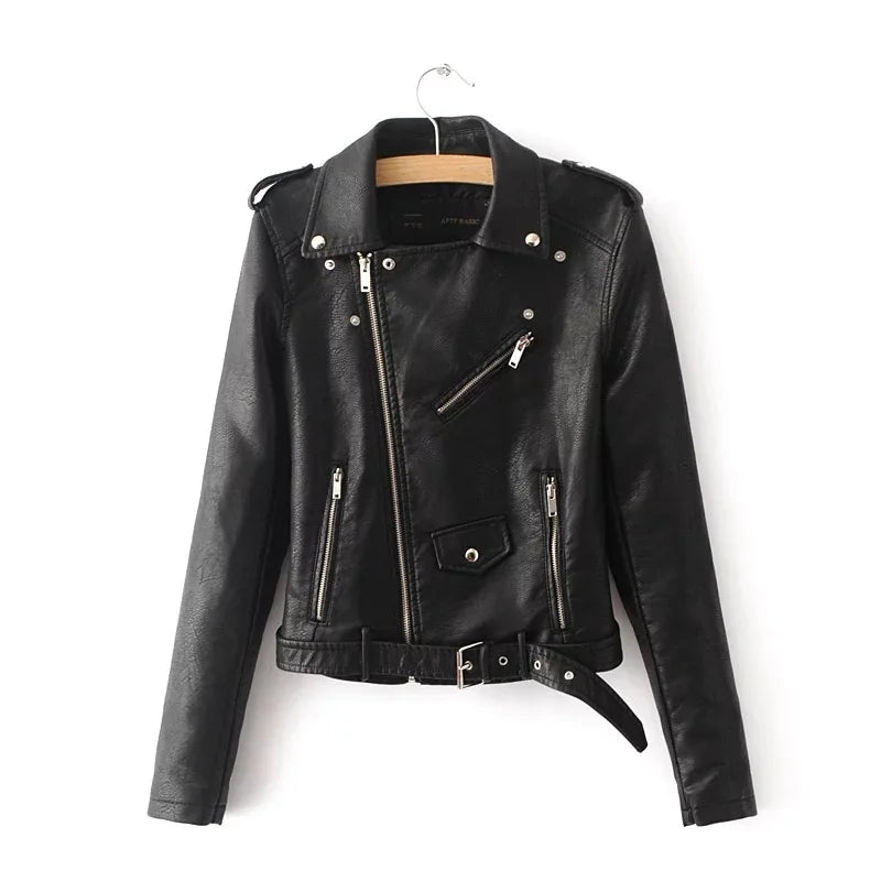 Black belted jacket on a hanger, front view showing snap lapels, shoulder tabs, angled zipper and the buckle belt at the hem.