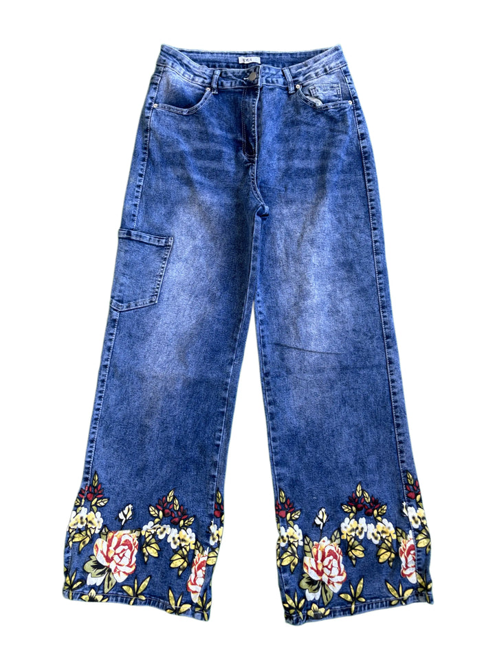 Floral Embroidered Jeans for Women with High Waist