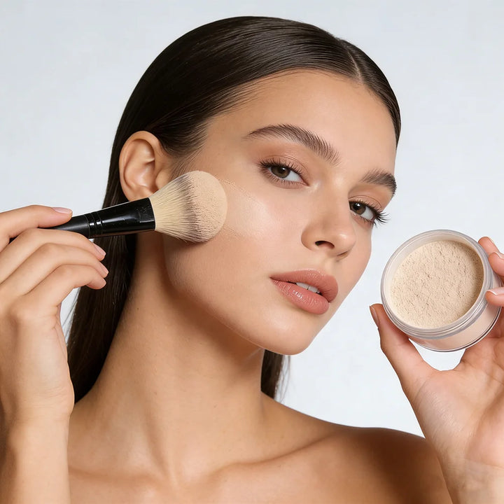 Original supplier photo of a woman applying face makeup with a brush while holding an open round powder jar beside her cheek.