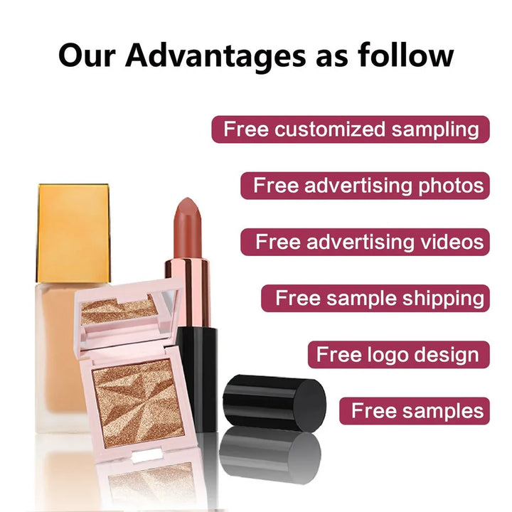 Supplier promotional card showing cosmetic products and sampling, logo design, photography and advertising services on white.