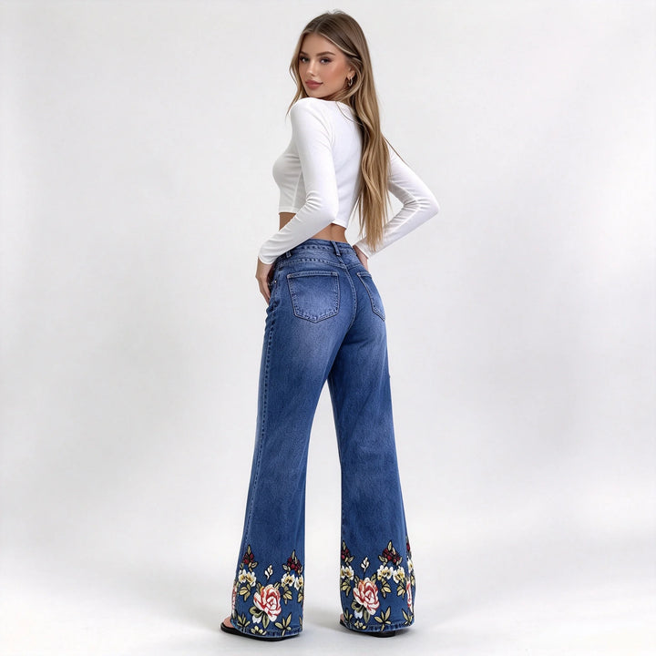 Floral Embroidered Jeans for Women with High Waist