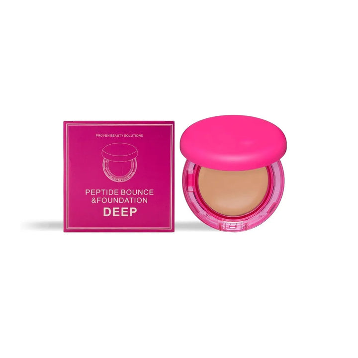 Hydrating foundation compact with a pink lid beside its matching carton, with DEEP printed on the box, on a white background.