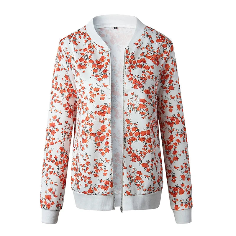 Flower White jacket front view on white, with small coral-red flowers, fine grey foliage and white ribbed trim for reference.