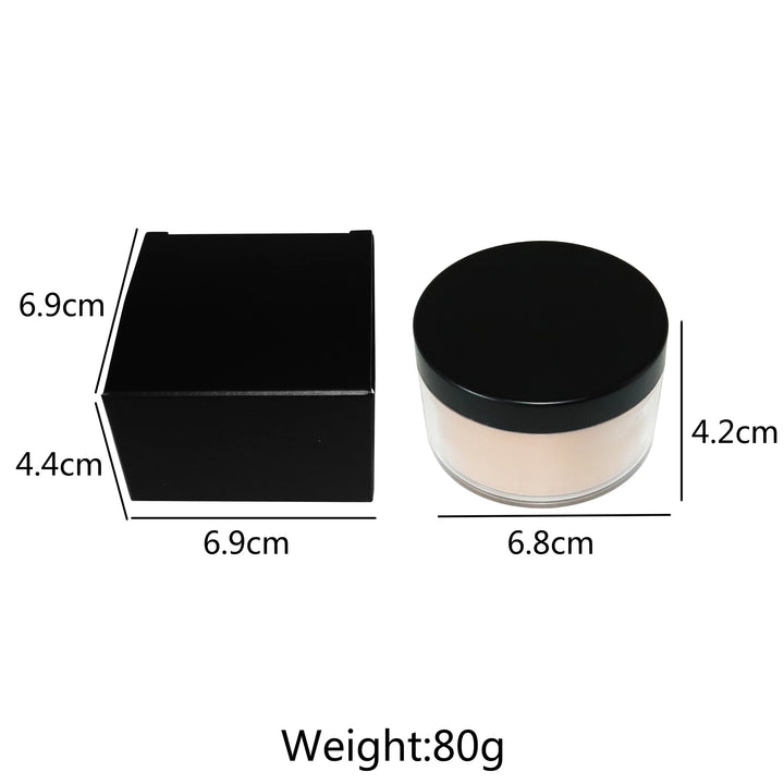 Supplier packaging illustration showing jar and box measurements and a weight label, with dark package on a white background.