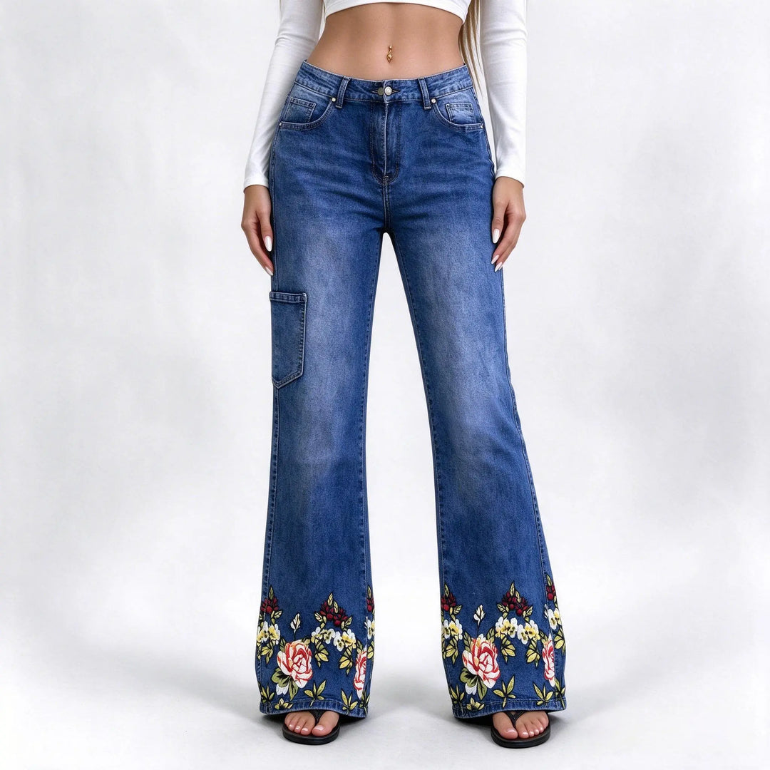 Floral Embroidered Jeans for Women with High Waist
