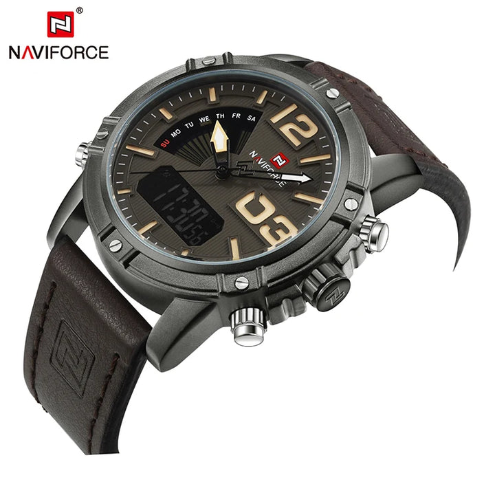 Dark brown leather strap watch with gold-tone dial accents, weekday fan, analog hands and digital screen on white background.