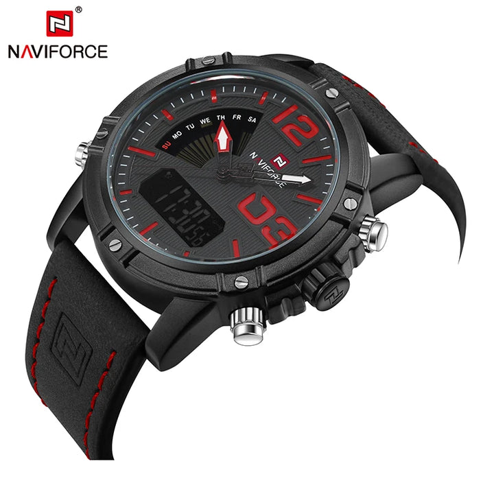 NAVIFORCE NF9095 black leather strap watch with red dial accents and stitching, photographed at an angle on white background.