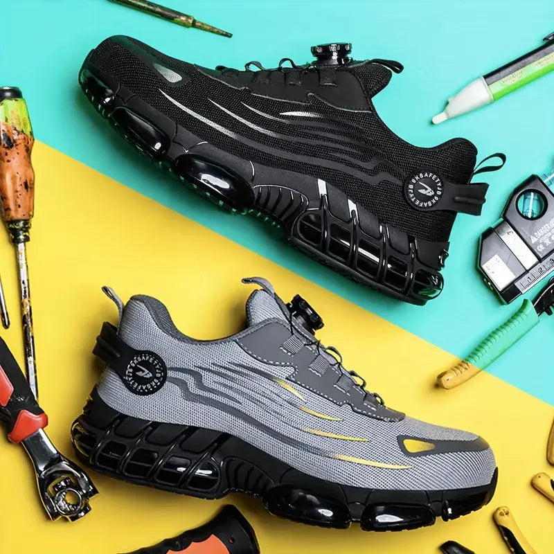 Grey and black athletic steel toe shoe variants shown beside work tools.