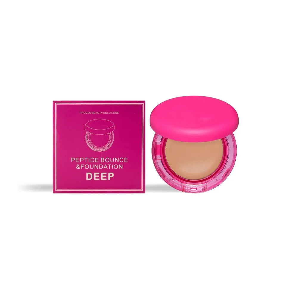 Hydrating foundation in a pink compact next to the matching pink carton labelled DEEP photographed on a clean white backdrop.