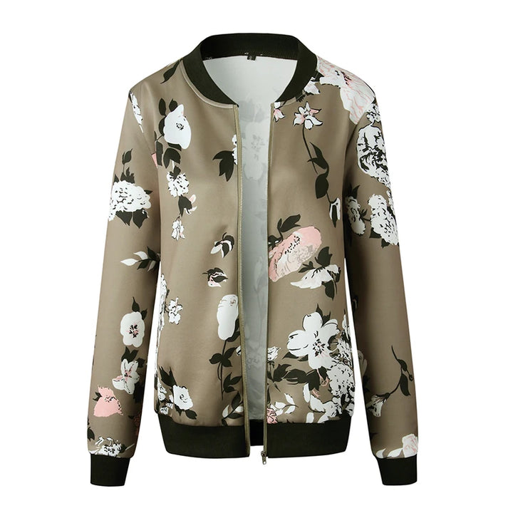Army Green zip-up jacket front view on white, with large white flowers, pale pink accents and dark ribbed trim for reference.