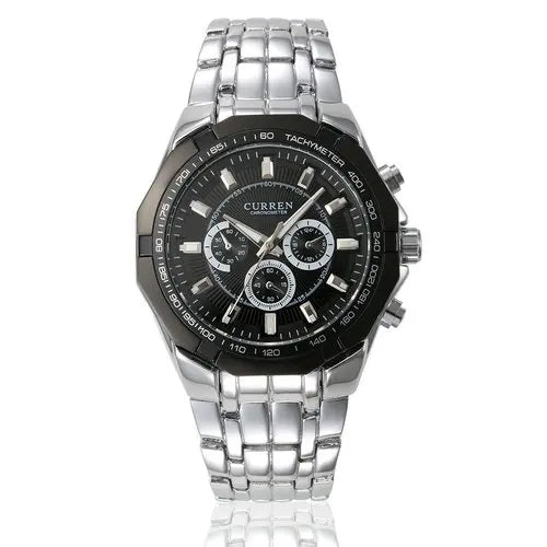 Front view of CURREN 8084 Black Case Black Dial watch with a black bezel and silver steel bracelet.