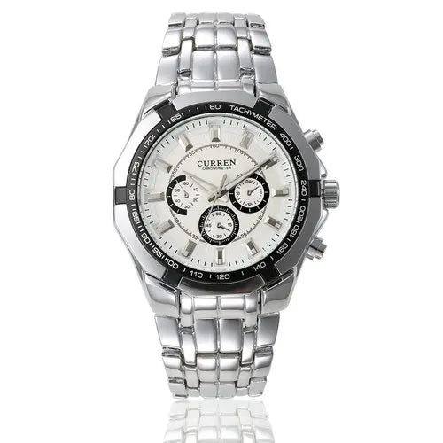 Front view of CURREN 8084 Silver Case White Dial watch with a black bezel and silver steel bracelet.