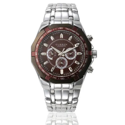 Front view of CURREN 8084 Coffee Case Red Dial watch with a brown bezel and silver steel bracelet.