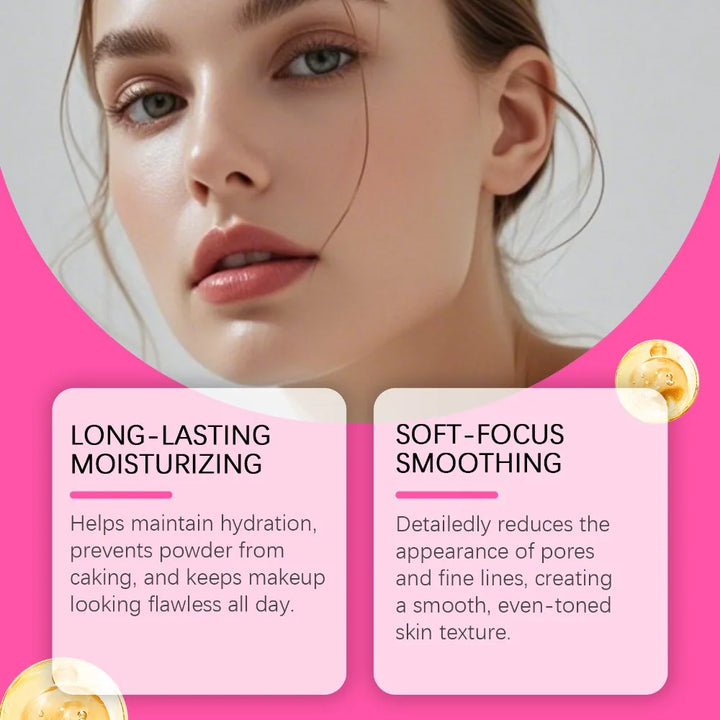 Foundation graphic showing a model portrait and printed text about moisturizing and soft-focus smoothing on a pink background