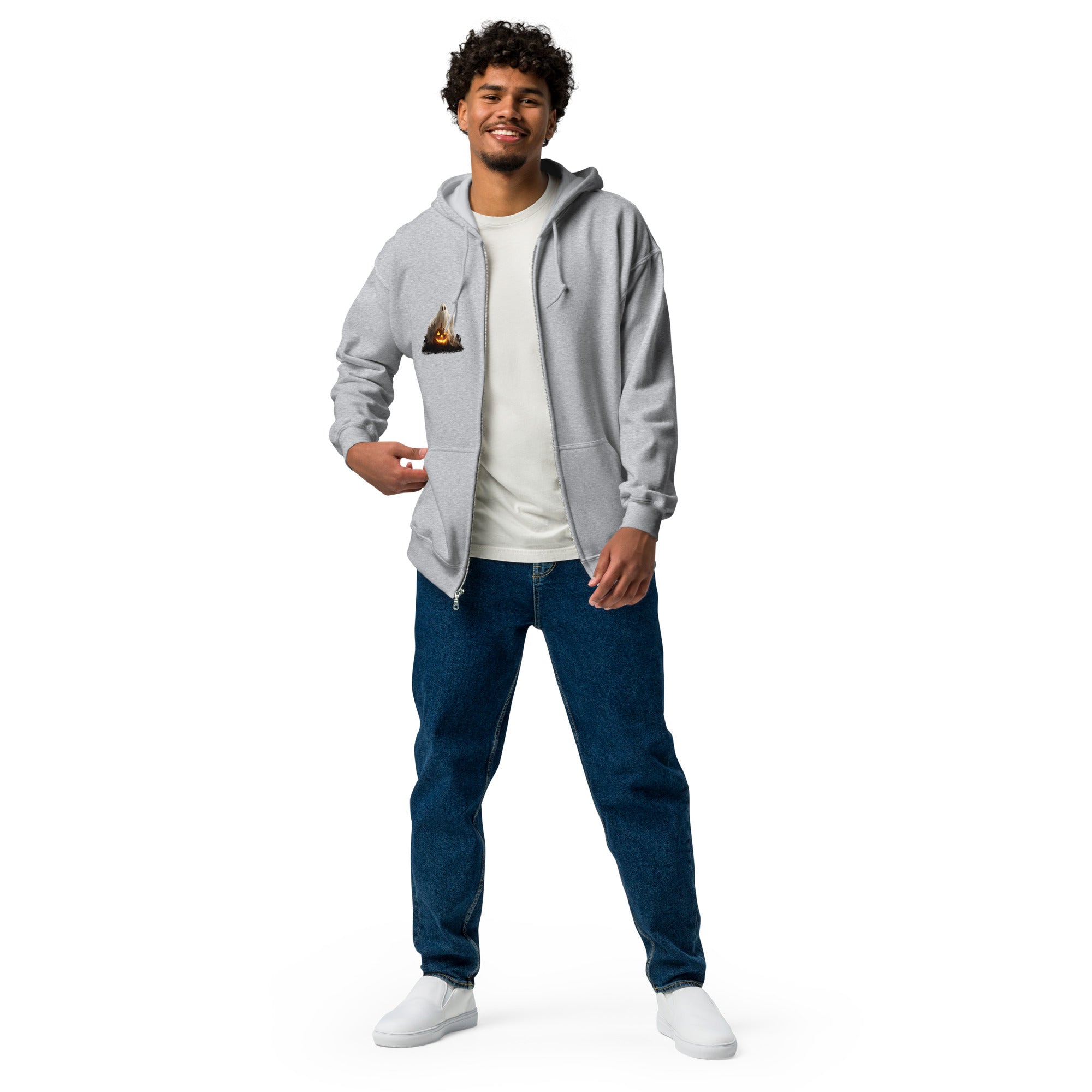 Halloween-ready zip hoodie with ghost & jack-o’-lantern design. Soft fleece inside and out for all-day coziness.

