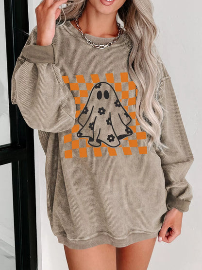 Halloween ghost sweatshirt close-up – checkerboard floral graphic