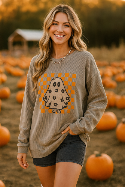 Halloween ghost sweatshirt – soft corded texture you can feel