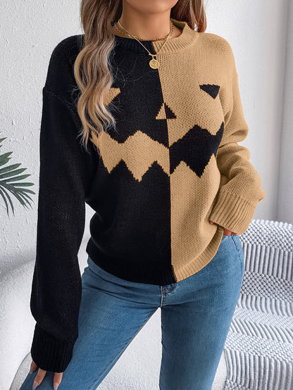 Halloween pumpkin sweater – contrast long sleeves, casual jeans pairing