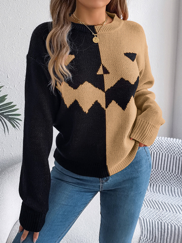 Halloween pumpkin sweater – contrast long sleeves, casual jeans pairing