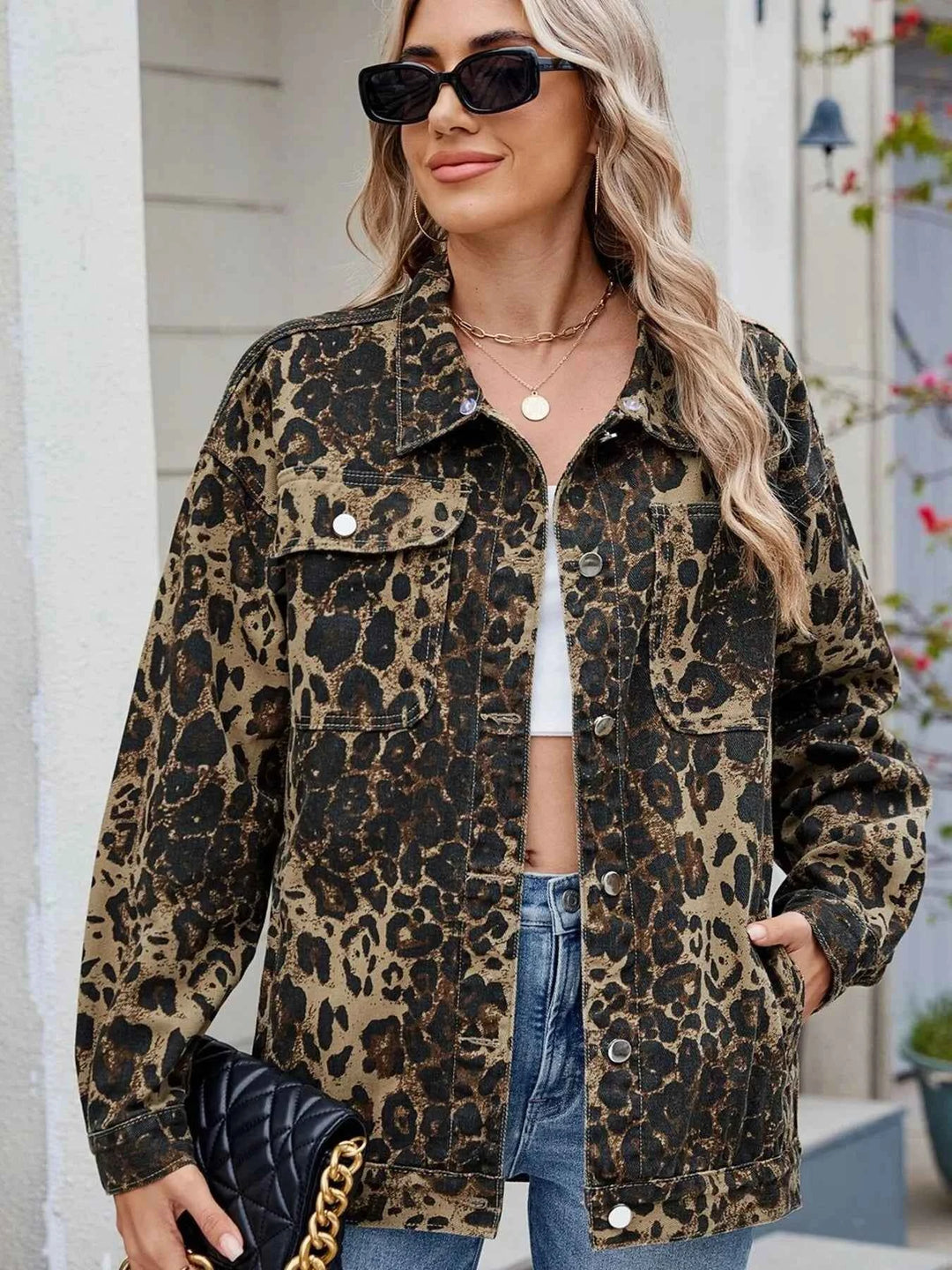 Leopard Print Oversized Denim Jacket for Women