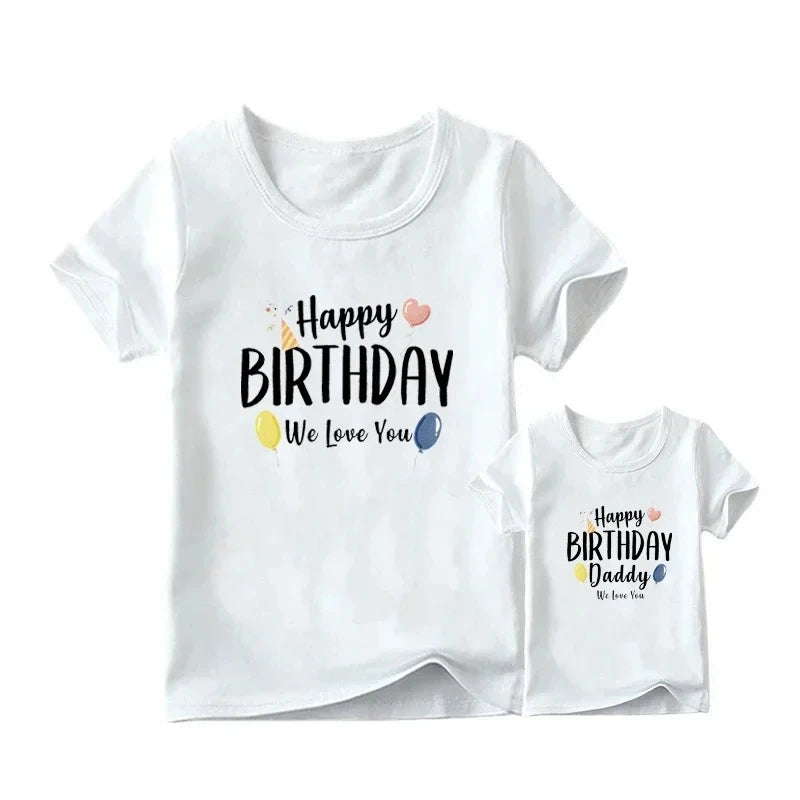 Happy Birthday Daddy shirt flat-lay – white tee, cartoon balloons, unisex fit