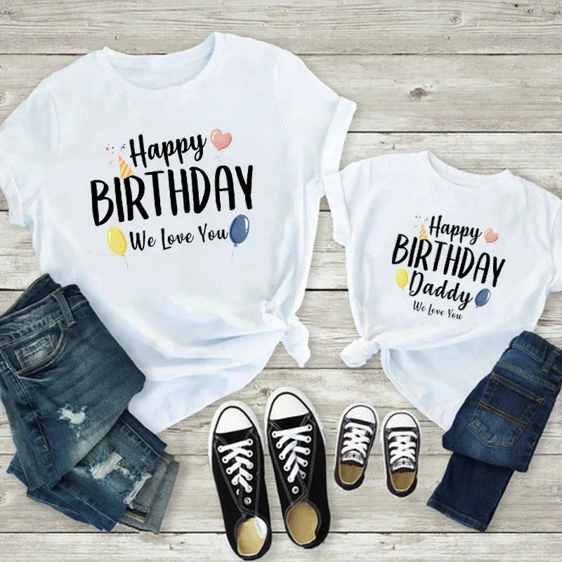Happy Birthday Daddy shirt flat-lay – white tee, cartoon balloons, unisex fit