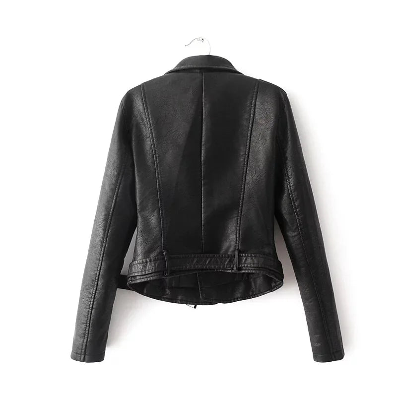 Black belted jacket on a hanger, back view showing long sleeves, panel seams and a matching band running across the lower hem