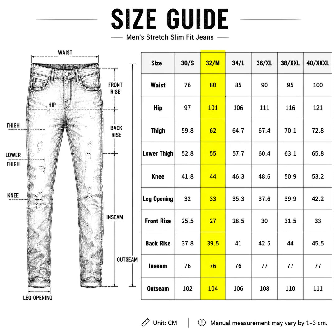 Unverified size guide titled stretch slim fit jeans; measurements and size conversions are not confirmed for this loose model
