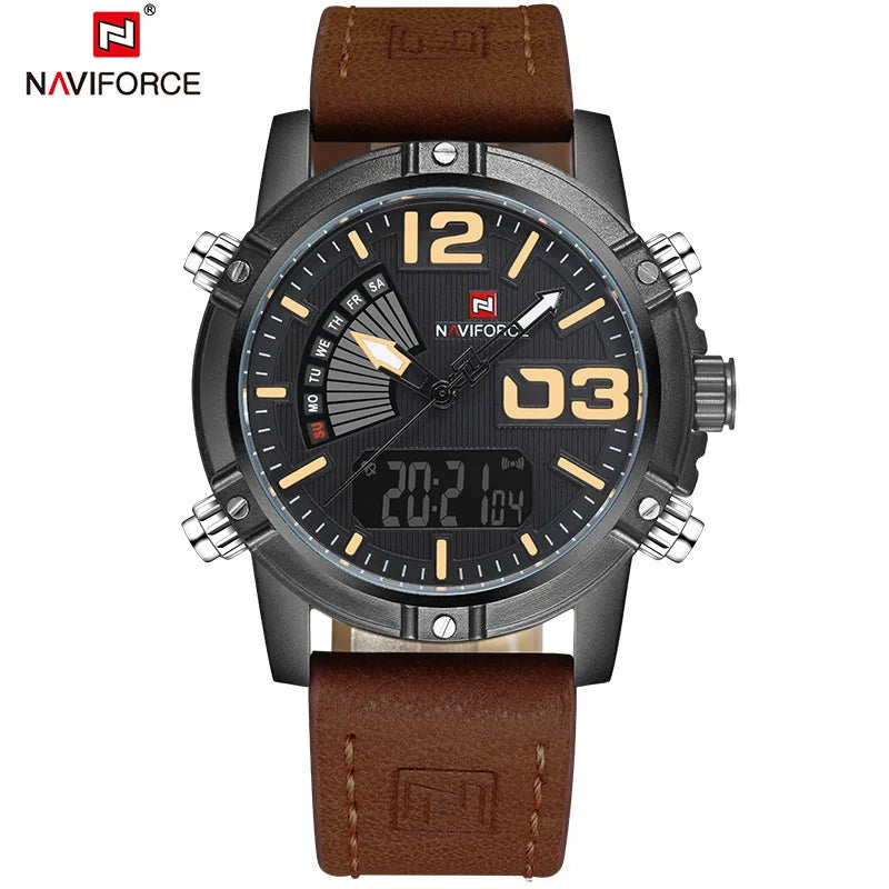Front view of a brown leather strap watch on white, showing gold-tone numerals, analog hands, weekday fan and digital screen.