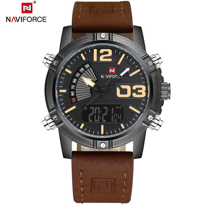 Front view of a brown leather strap watch on white, showing gold-tone numerals, analog hands, weekday fan and digital screen.