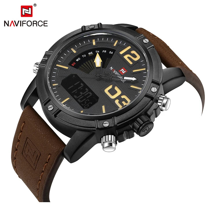 Brown leather strap watch with gold-tone dial accents, dark case, analog hands and digital screen against a white background.