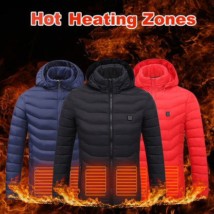 Heated jacket with detachable hood – 3 heat levels for winter