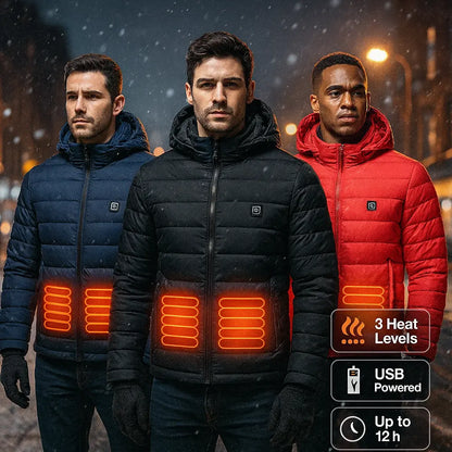 Heated jacket with detachable hood – 3 heat settings, up to 12h runtime with 10,000 mAh power bank