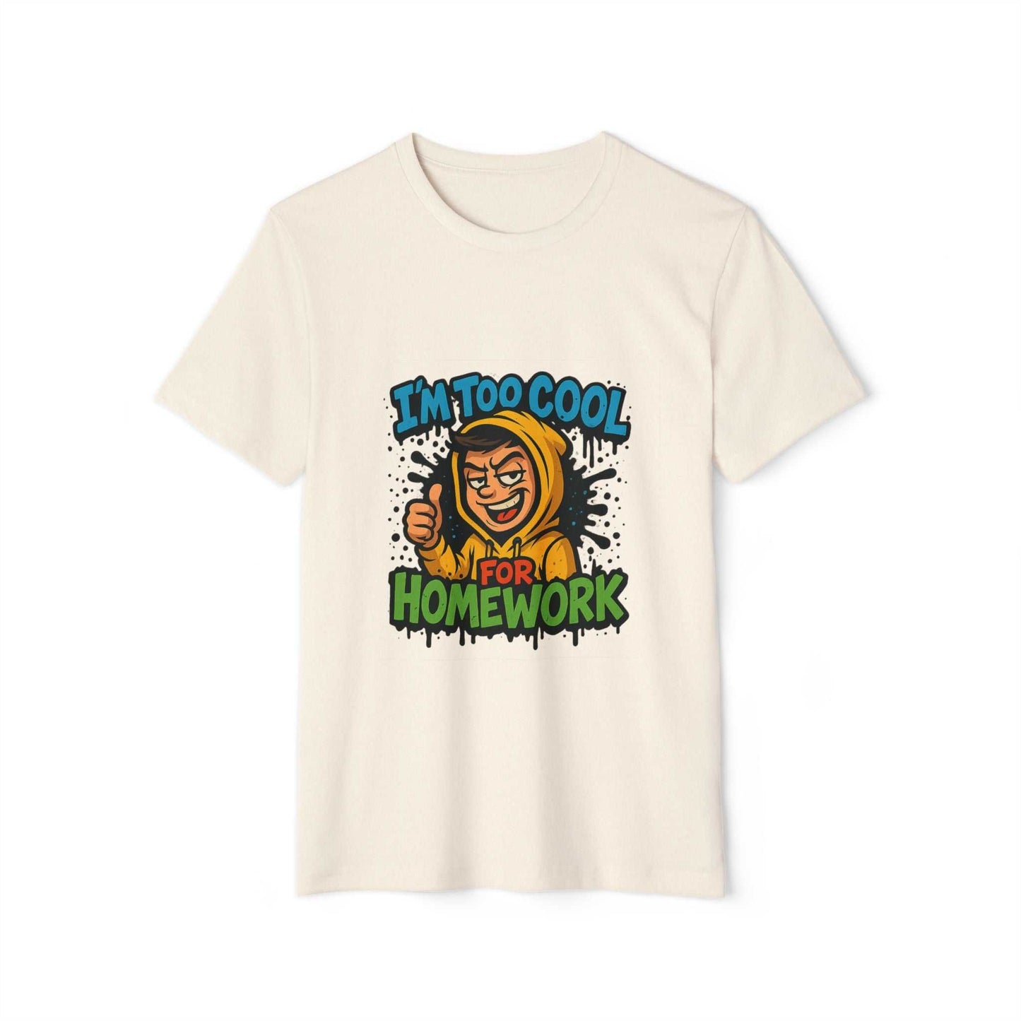 Cream eco-friendly student tee with cool homework print