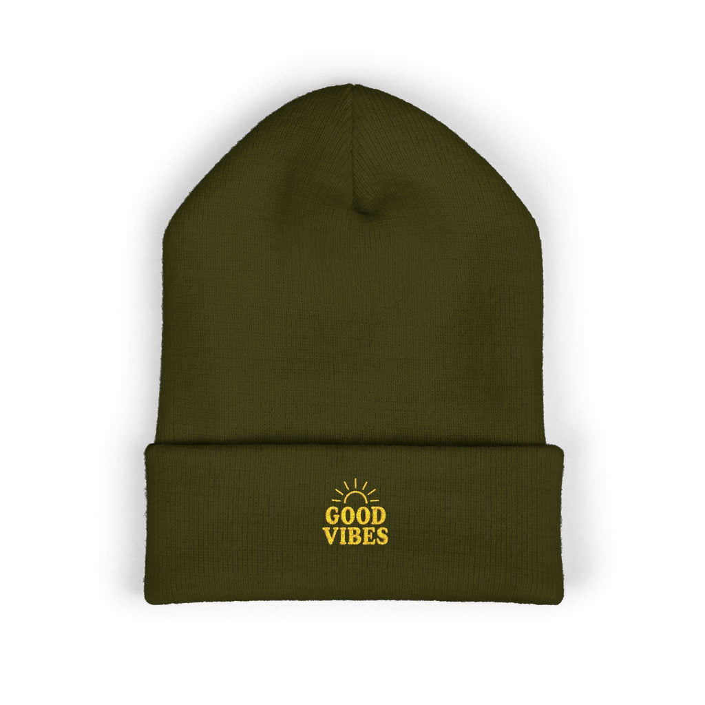 Close-up of embroidery detail on warm cuffed winter beanie

