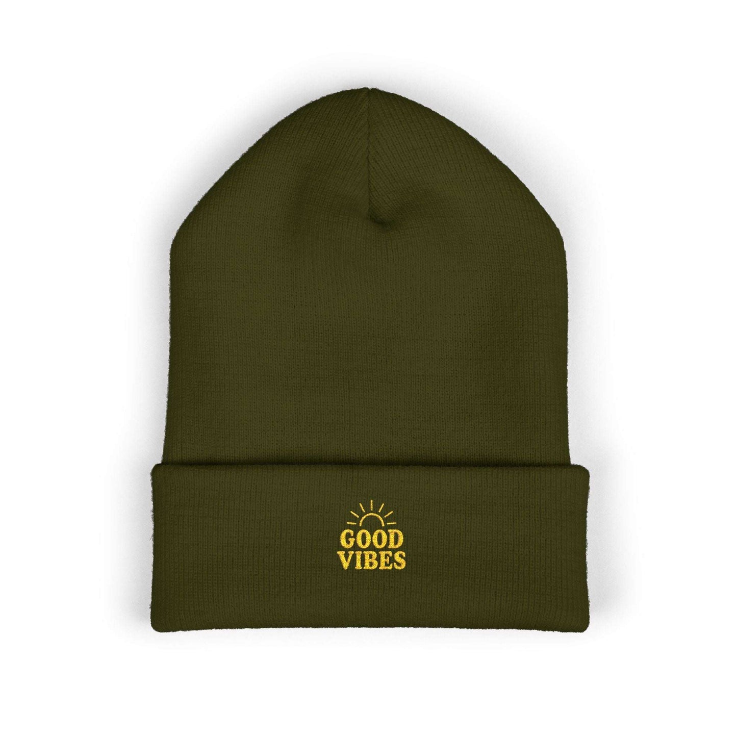 Olive green cuffed beanie with yellow Good Vibes embroidery