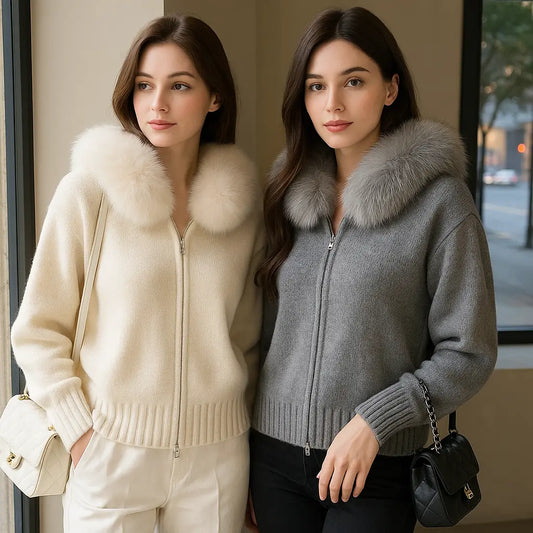 Imitation Fox Fur Collar Sweater – Cream zip-up knit, plush collar, cozy loose fit for winter chic