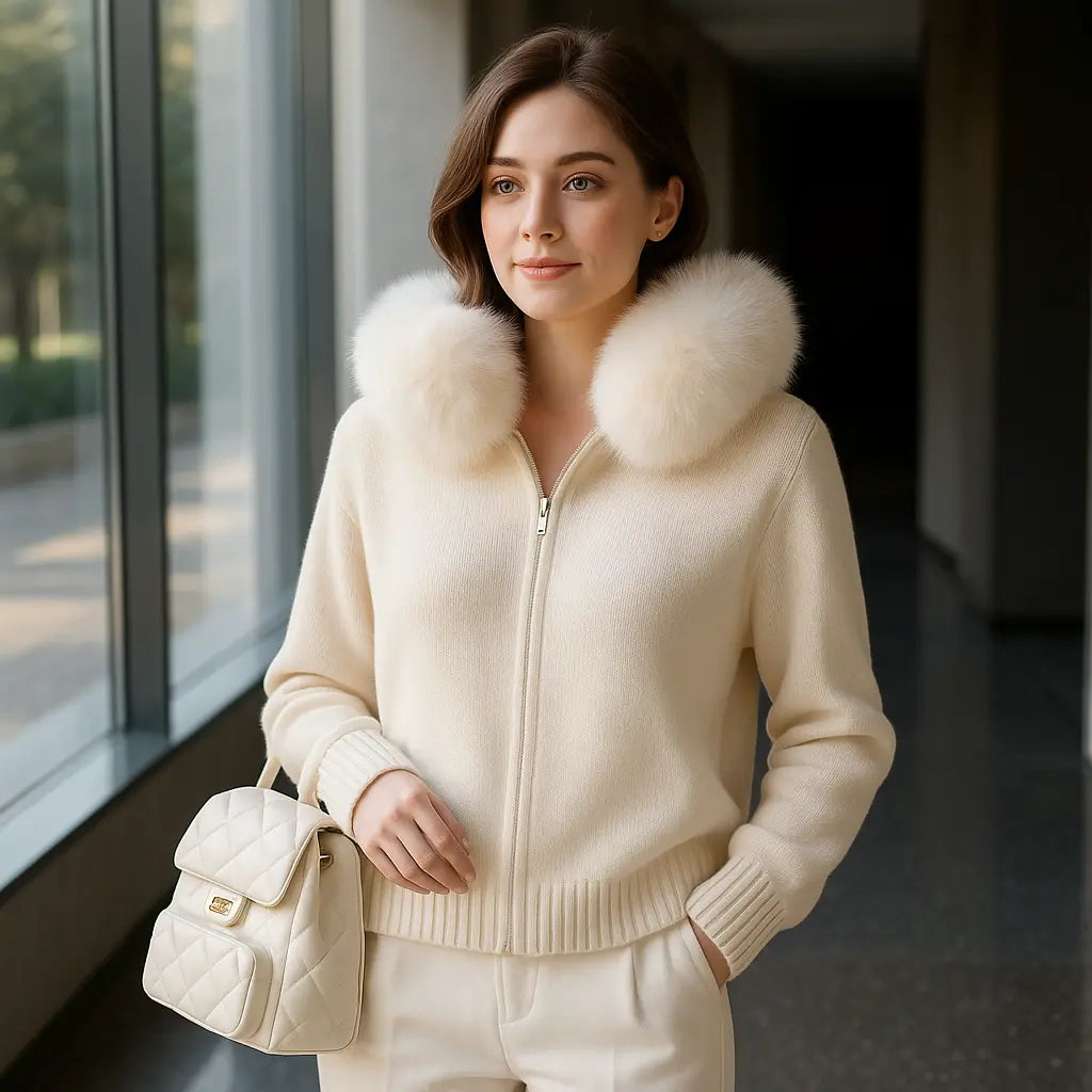 Imitation Fox Fur Collar Sweater – Gray hooded style, soft angora-like knit, refined everyday warmth