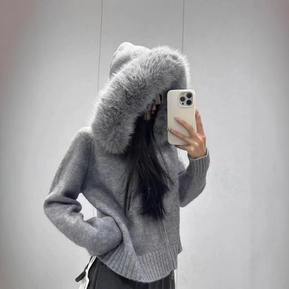 Imitation Fox Fur Collar Sweater in Gray – effortless office-to-evening style