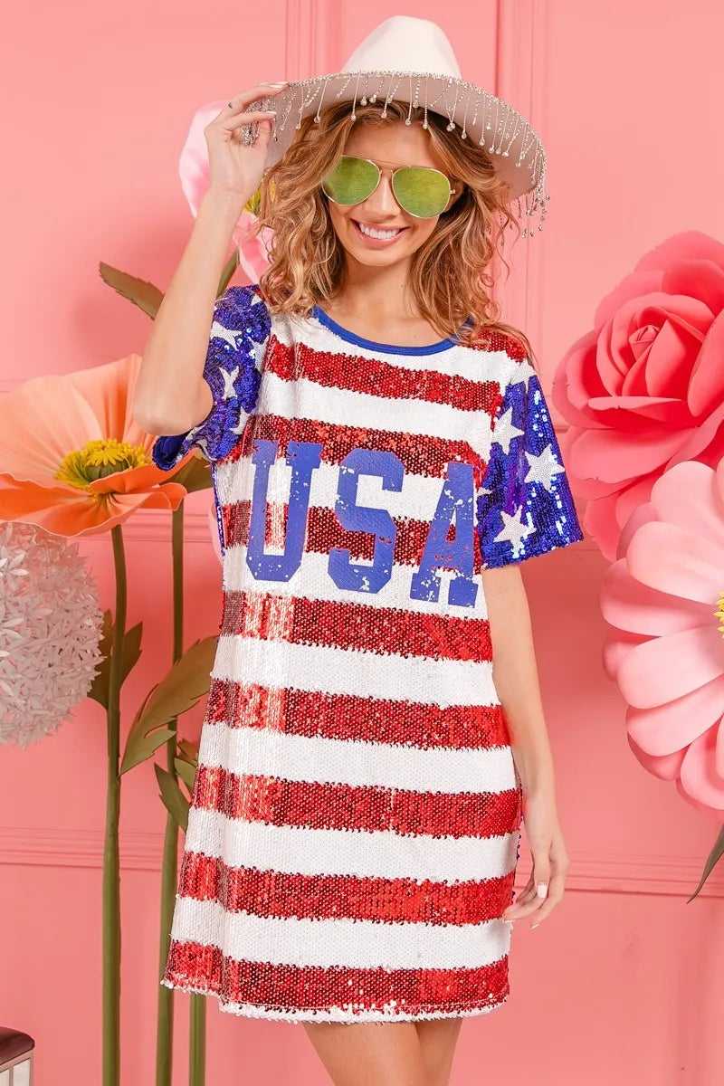 Red, white, and blue sequin dress for Independence Day

