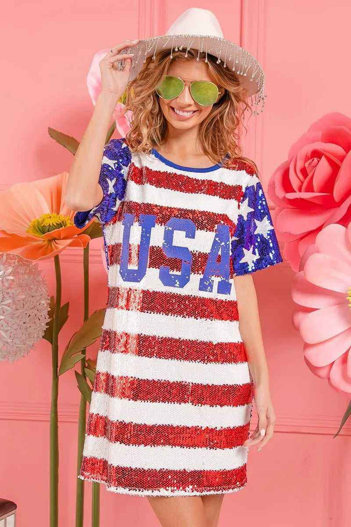USA Flag Sequin Dress - Patriotic Sparkle for July 4th