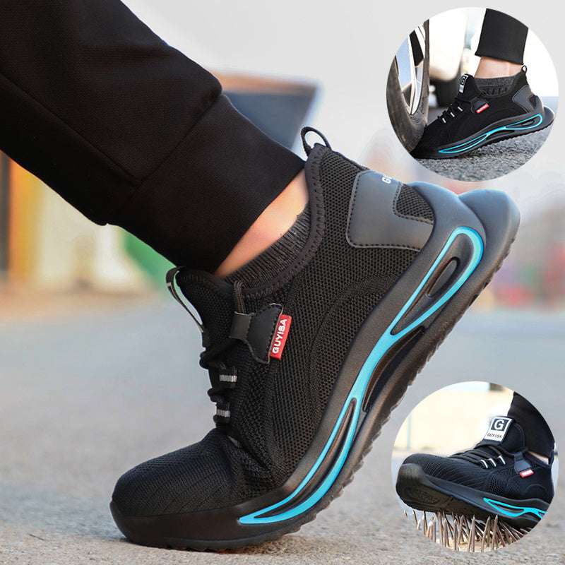 Black and blue safety shoes with lace-up closure

