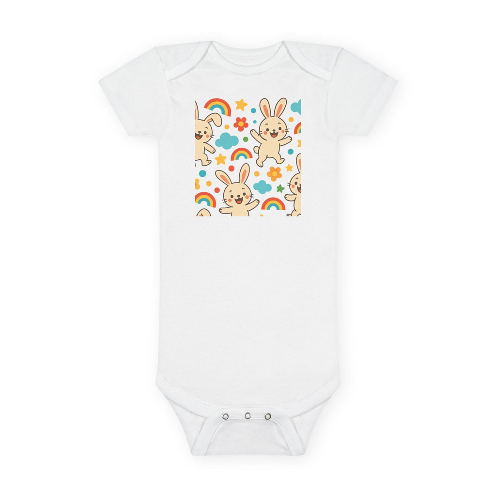 Spring baby photo outfit with cute bunny baby onesie design in pastel tones

