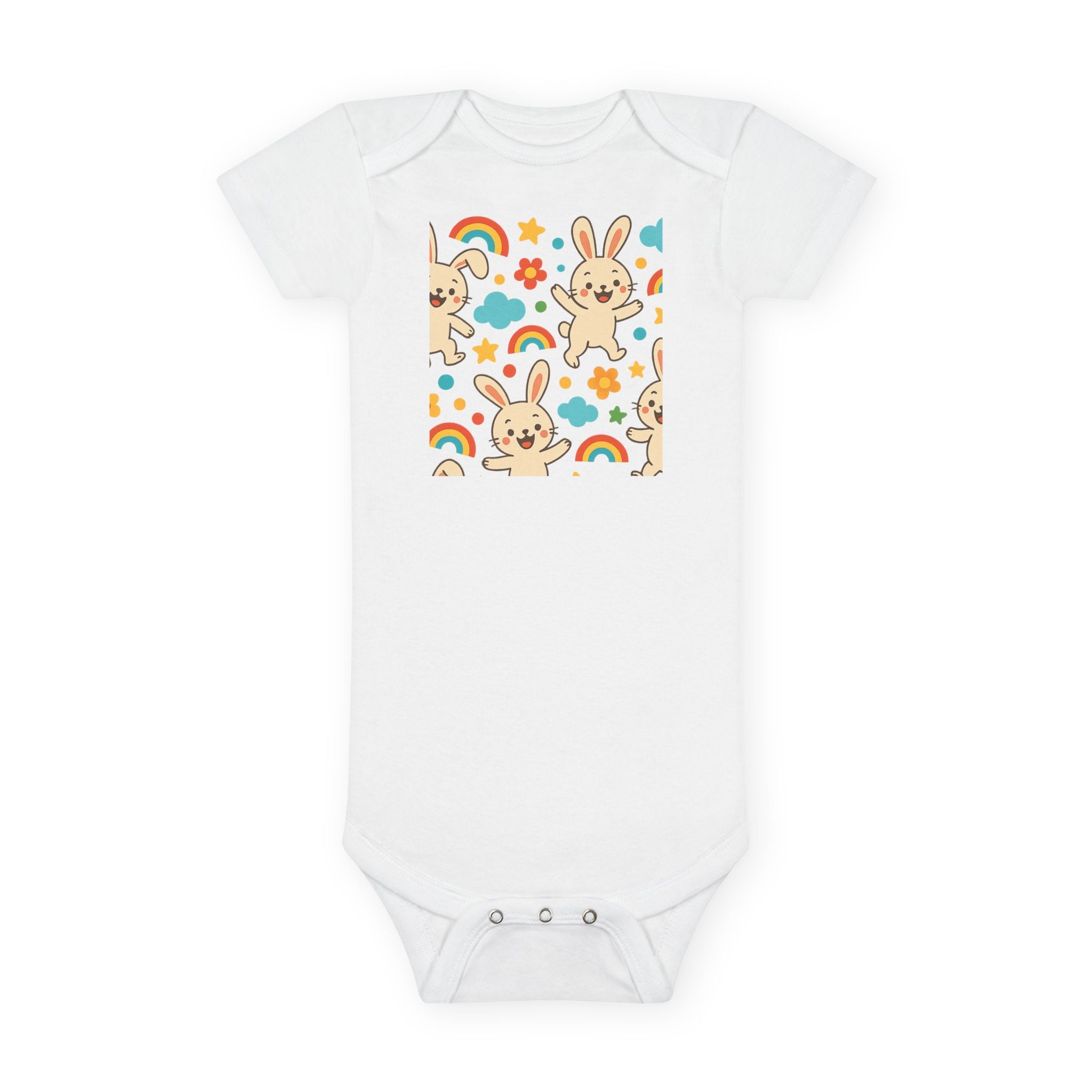 Spring baby photo outfit with cute bunny baby onesie design in pastel tones

