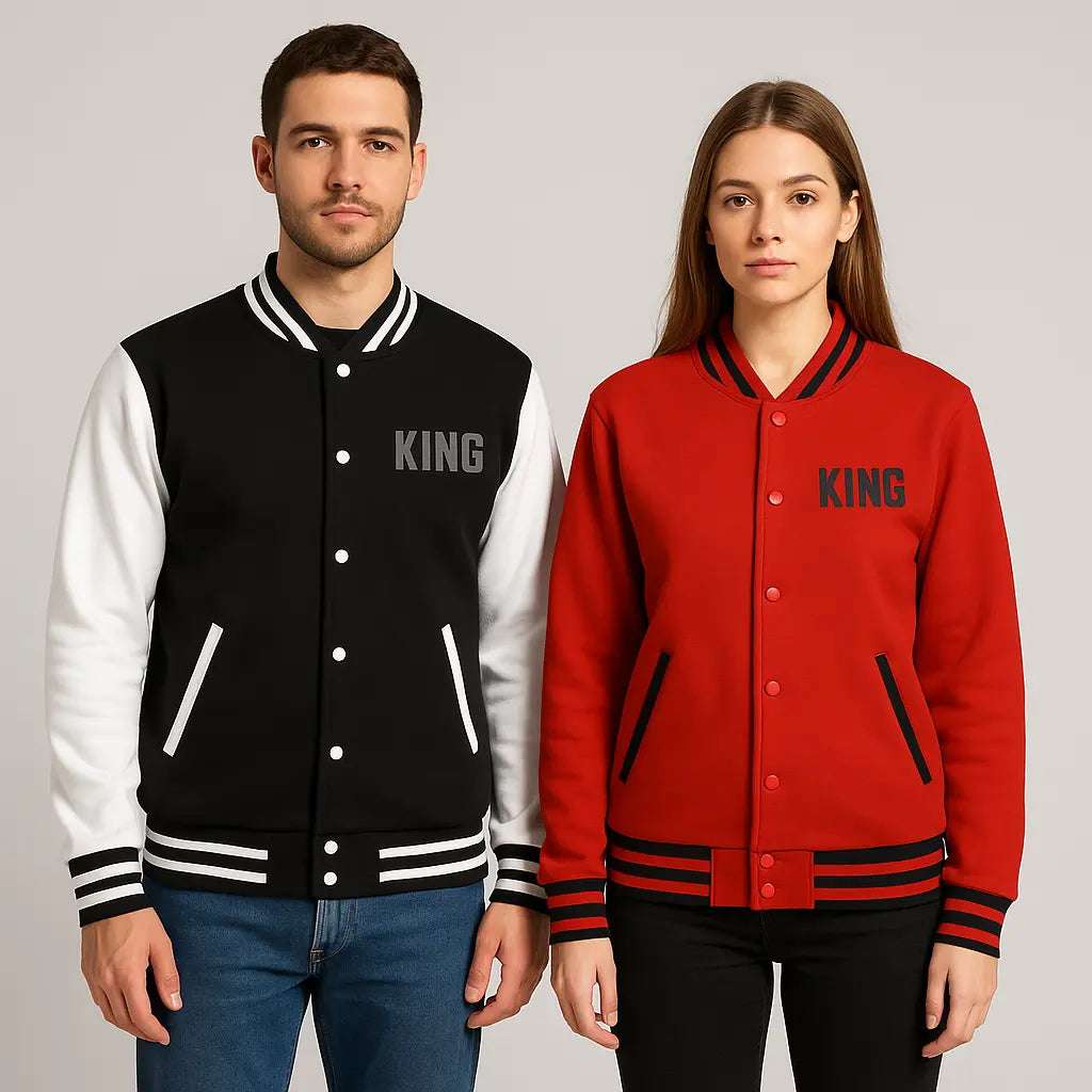 KING letterman jacket worn during casual weekend outing

