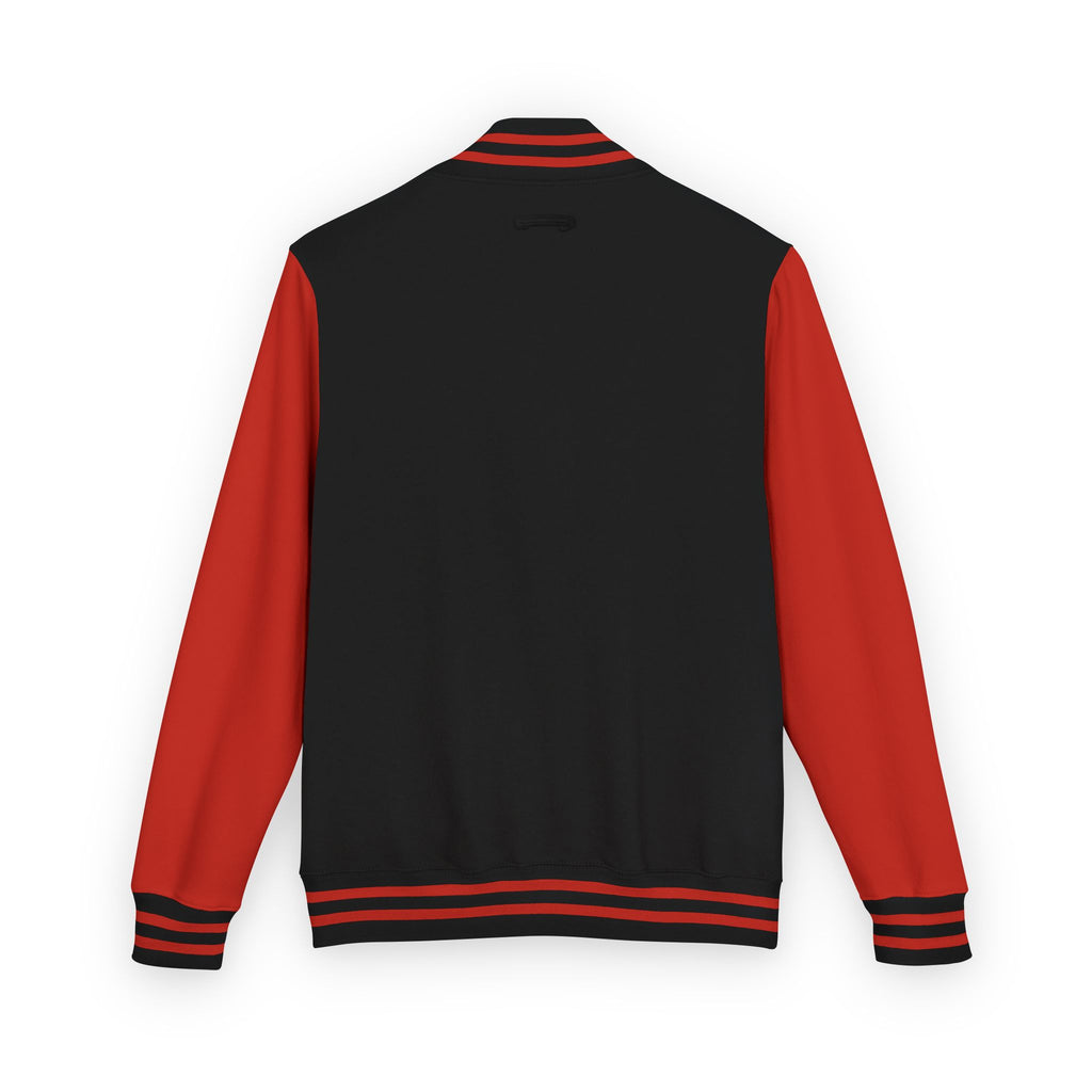 Close-up of KING letterman jacket snap buttons and trim

