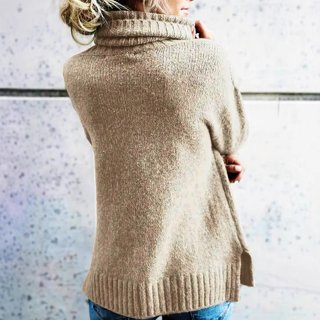 Khaki turtleneck sweater for commute: women's long sleeve polyester top in regular plus sizes.